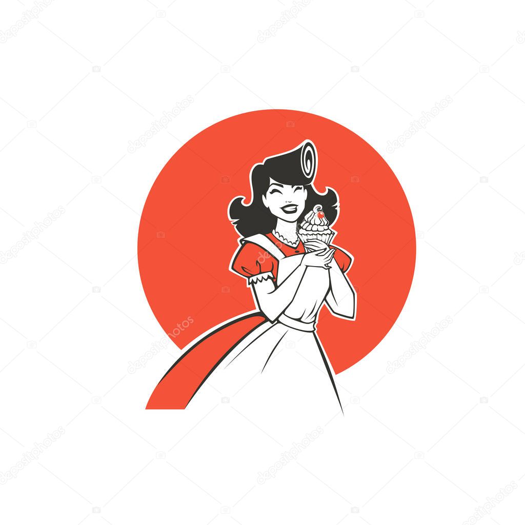 Beauty retro pinup cartoon girl holding a delicious tasty cake, for your logo, label, emblem