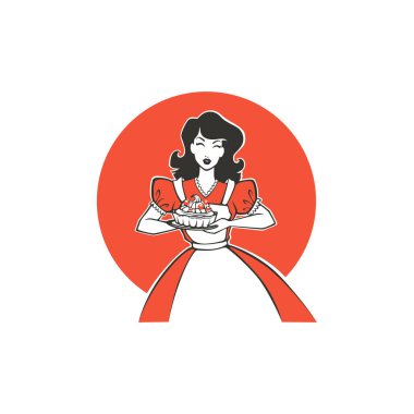 Güzellik retro çizgi film kızı lezzetli bir pasta tutuyor, logo, etiket, amblem için.