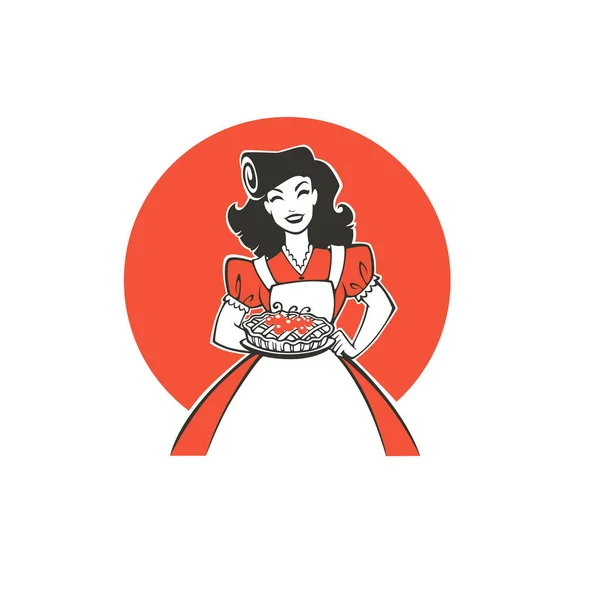 あなたのロゴ ラベル エンブレムのためのおいしいケーキを保持する美しさレトロなピンナップ漫画の女の子 — ストックベクタ