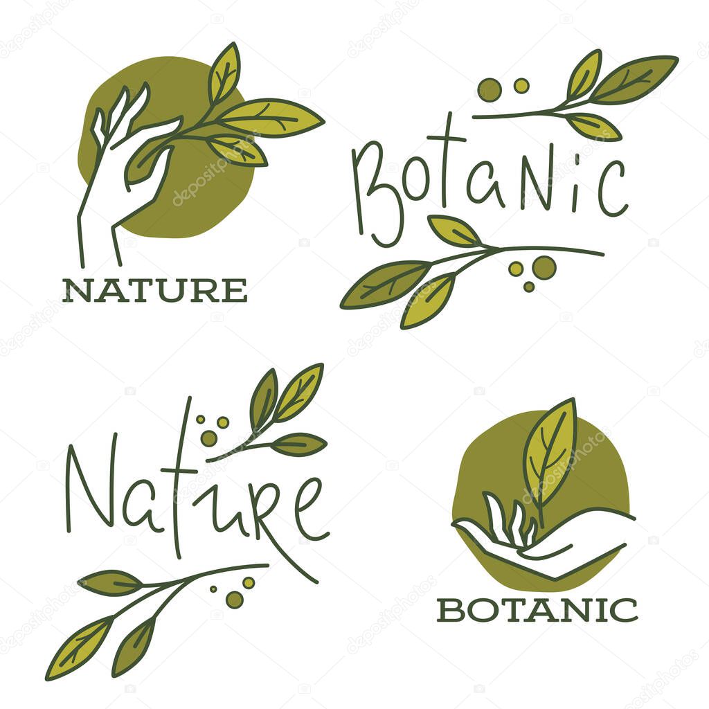 Doodle organic leaves, hand and lettering composition for emblems labels and logo