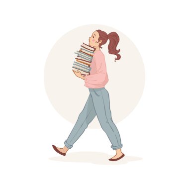 Modern genç kadın bir yığın kitap tutuyor, vektör çizimi.