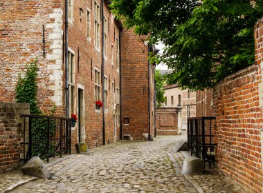 Eski Belçika street ile tuğla ev Groot Begijnhof Leuven, Belçika