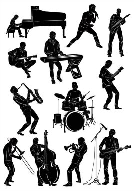 Silhouette of musicians in action: pianist, singer, guitarist, k clipart