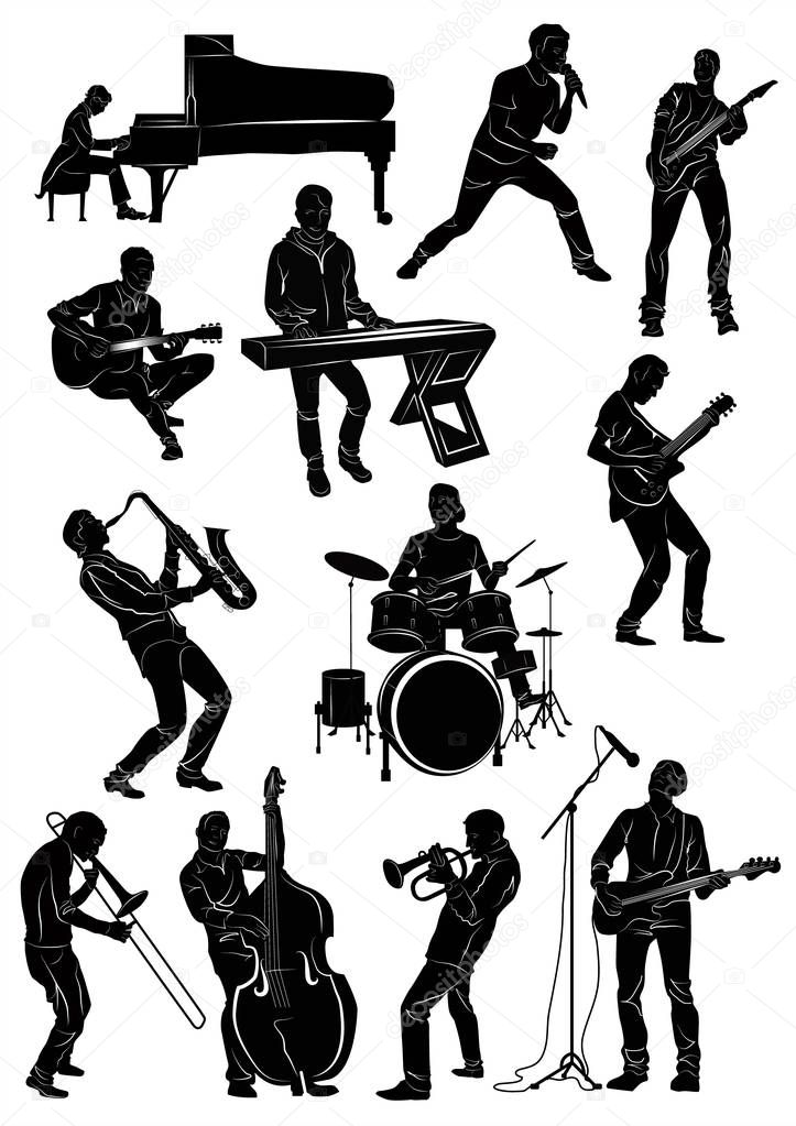 Silhouette of musicians in action: pianist, singer, guitarist, k