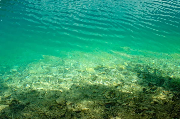 Átlátszó Víz Amelyen Keresztül Látható Háttérben Türkiz Plitvicei — Stock Fotó