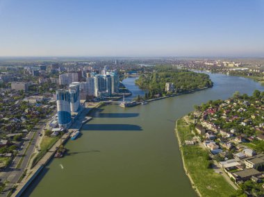 Russia, Krasnodar July 06 2018 City buildings, parkland, overhead aerial view from drone/