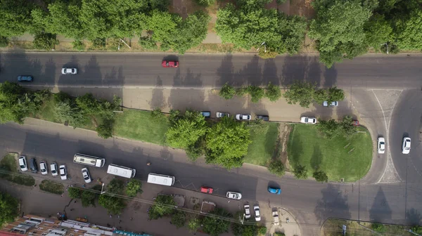 Vôo Aéreo Drone Vista Congestionamento Cidade Auto Estrada — Fotografia de Stock