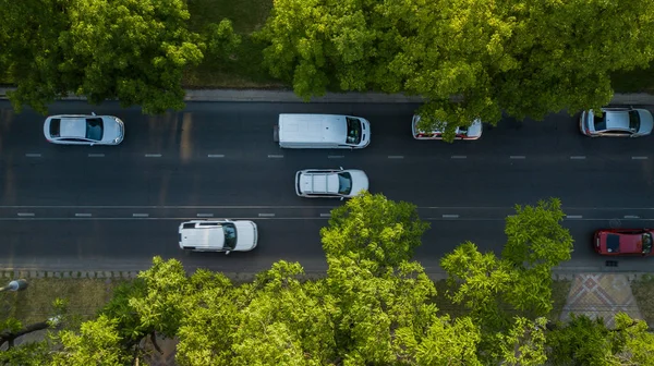 Hava Drone uçuş yukarıdan aşağıya yoğun şehir bitirim yoğun trafik reçel otoyol görünümünü. Araç kesişme, trafik tepe saatte arabalar yolda, ağaçların altında sinek ile havadan görünümü.