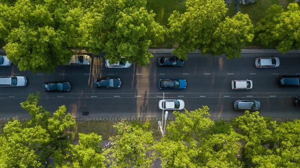 空中无人机飞行俯视高速公路繁忙的城市高峰时段交通拥挤的高速公路 空中视野的车辆交叉路通高峰时刻与汽车在路上 飞下树 — 图库照片