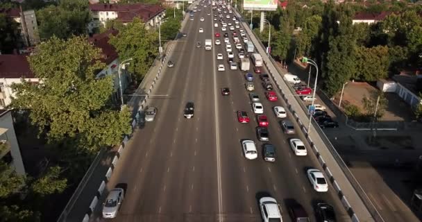 Aerial Drone Flight Top View Freeway Busy City Rush Hour — Stock Video