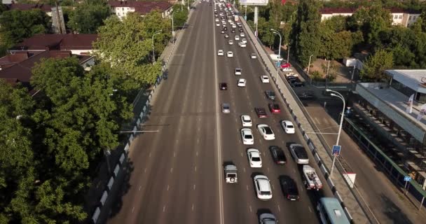 Aerial Drone Flight Top View Freeway Busy City Rush Hour — Stock Video