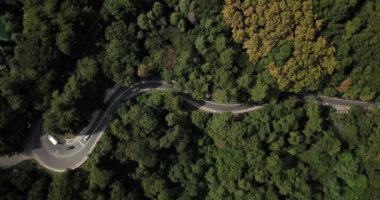 4 k hava Stok görüntüleri dolambaçlı dağ pass yol Sochi, Rusya'nın Ormanı boyunca sürüş araba. İnsanlar seyahat, güzel kırsal manzara virajlı yolda yolculuk.
