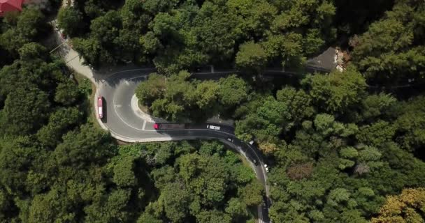 Luchtfoto Beeldmateriaal Van Auto Rijden Langs Bochtige Bergweg Pass Door — Stockvideo