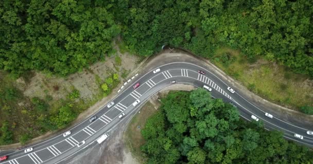 Aerial Stock Footage Car Driving Winding Mountain Pass Road Forest — Stock Video