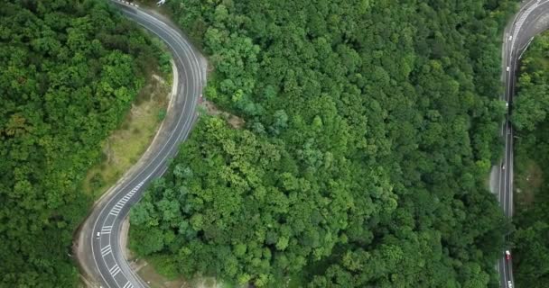 Aerial Stock Footage Car Driving Winding Mountain Pass Road Forest — Stock Video