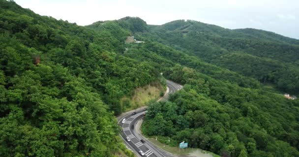 Повітряних Відеоматеріал Автомобіля Проїжджаючи Звивистій Гірській Дорозі Прохід Через Ліс — стокове відео