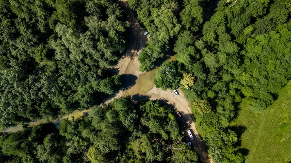 Vista Aérea Cima Para Baixo Das Montanhas Cáucaso Floresta Árvores — Fotografia de Stock