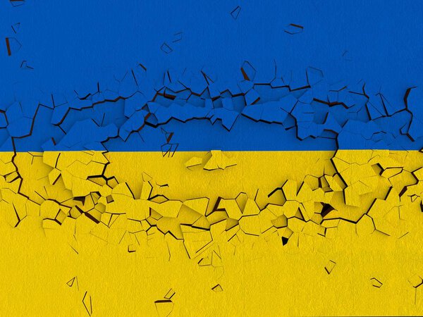 Ukrainian flag on cracked wall. 3D illustration.