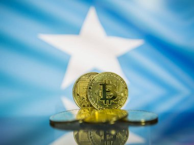 Bitcoin altın sikke ve Somali arka plan ufuk bayrağı. Sanal cryptocurrency kavramı.