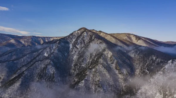 Aerial mountain fog covered the famous rock Lagonaki in morning light. — Stock Photo, Image