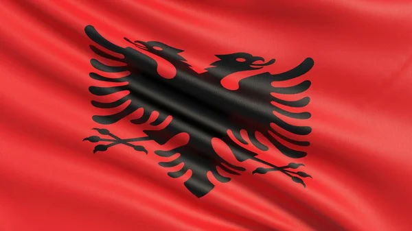 Flagi Albanii. Machnął tekstura tkanina bardzo szczegółowe. — Zdjęcie stockowe