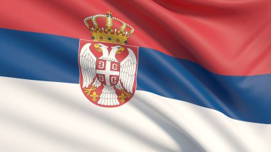Sırbistan bayrağı. Dağlık mufassal kumaş doku el salladı.