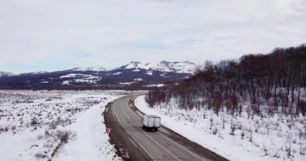 Luftaufnahme Der Straße Durch Schneebedeckten Kiefernwald Winter — Stockvideo