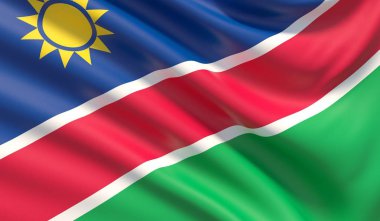 Namibya Cumhuriyeti bayrağı. Dağlık mufassal kumaş doku el salladı. 3D çizim.