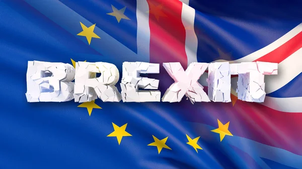 3D illustratie van gebarsten Brexit concept met vlag en 3d tekst — Stockfoto