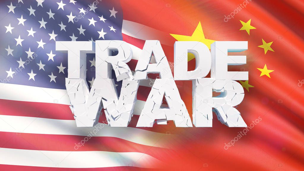 Trade war concept. Cracked text on flag of America and China. 3D illustration.