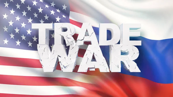 Trade war concept. Cracked text on flag of America and Russia. 3D illustration.