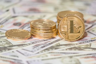 Bize dolar altın Lightcoin kapatın. Kripto para biriminin iş kavramı.