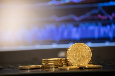 Bitcoin altın sikke ve ufuk grafik arka planı.