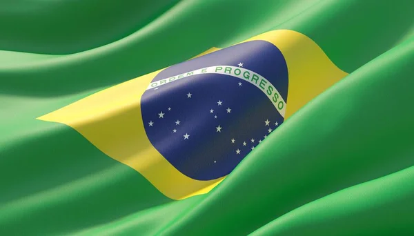 Schwenkte die hochdetaillierte Flagge Brasiliens in Großaufnahme. 3D-Illustration. — Stockfoto