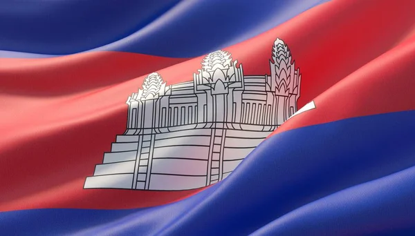 Ondeó la muy detallada bandera de primer plano de Camboya. Ilustración 3D . —  Fotos de Stock
