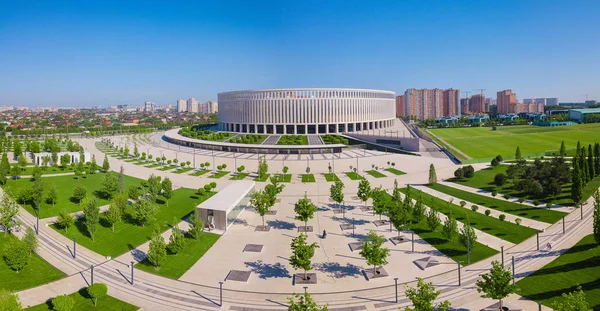 Krasnodar, Rusya - Mayıs 2019: Krasnodar Stadium Park'ın havadan görünümü