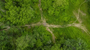 Drones Eye View - orman yolu arka plan yukarıdan aşağıya görünümü, Kafkasya, Rusya.