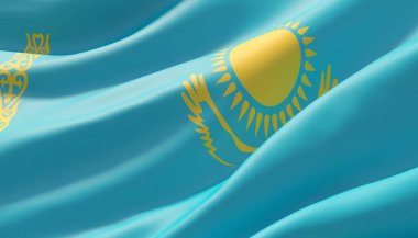 Kazakistan'ın son derece detaylı yakın çekim bayrağını salladı. 3d illüstrasyon.