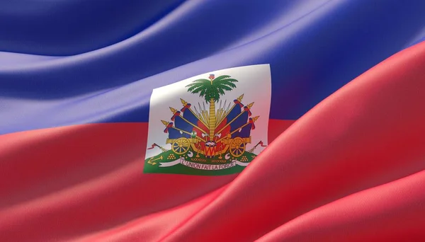 Schwenkte eine hochdetaillierte Flagge aus Haiti in Großaufnahme. 3D-Illustration. — Stockfoto