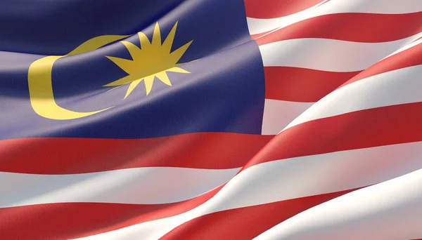 Ha sventolato la bandiera di primo piano molto dettagliata della Malesia. Illustrazione 3D . — Foto Stock