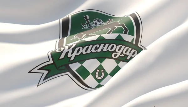 Krasnodar, Rusya - Mayıs, 2019. Fc Krasnodar amblemi ile son derece ayrıntılı yakın çekim beyaz bayrak salladı. 3d illüstrasyon.