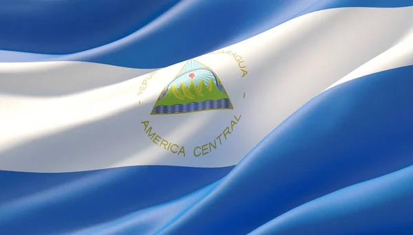 Nikaragua'nın son derece detaylı yakın çekim bayrağını salladı. 3d illüstrasyon. — Stok fotoğraf