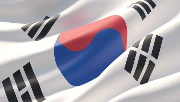 Ondeó la muy detallada bandera de Corea del Sur. Ilustración 3D . —  Fotos de Stock