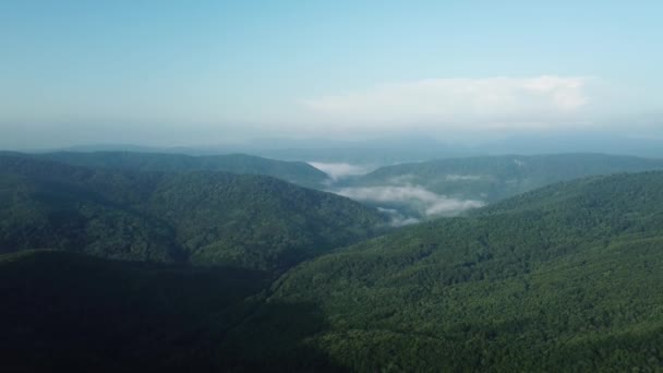 Aerial Landscape View of Caucasus mountain at sunny morning with fog. — Stock Video