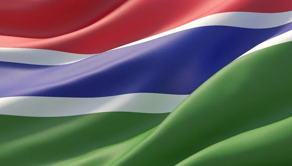 Zwaaide zeer gedetailleerde close-up vlag van Gambia. 3D-illustratie. — Stockfoto