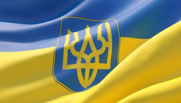 Schwenkte hochdetaillierte Großaufnahme-Flagge der Ukraine mit Wappen. 3D-Illustration. — Stockfoto