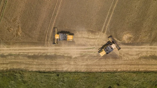 Visão de cima para baixo de ceifeiras-debulhadoras Máquinas agrícolas. A máquina de colheita de grãos . — Fotografia de Stock