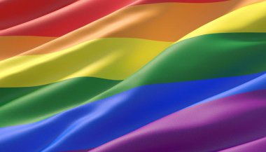 Son derece ayrıntılı yakın çekim parlak gökkuşağı eşcinsel bayrak salladı. LGBT topluluğu. 3d illüstrasyon.