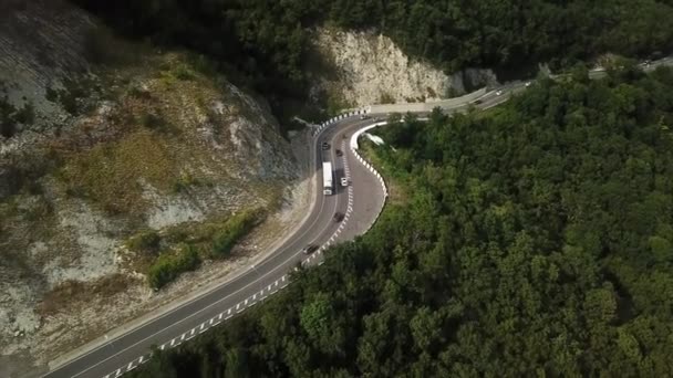 Πετώντας πάνω από τα βουνά, παρακολουθώντας ένα φορτηγό που καβαλάει ένα ορεινό δρόμο — Αρχείο Βίντεο