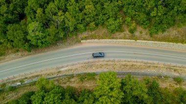 Kırım'da ormanda ağaçlar arasında düz yol Amazing yukarıdan aşağıya görünümü